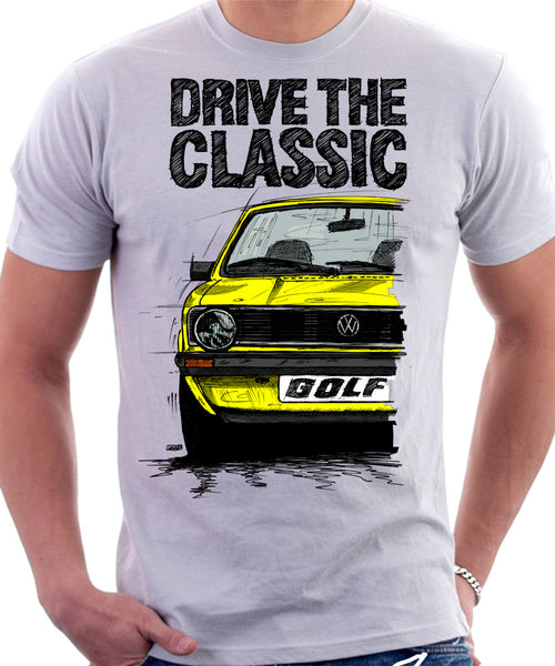 Drive The Classic VW Golf Mk1 Late Model. T shirt in White Colour Automotive Art By Lukas Loza