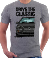 Drive The Classic VW Golf Mk3 Black Bumper. T-shirt in Heather Grey Color.