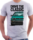 Drive The Classic VW Golf Mk3 Black Bumper. T-shirt in White Color.