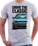 Drive The Classic VW Golf Mk3 Black Bumper. T-shirt in White Color.