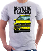 Drive The Classic VW Golf Mk3. T-shirt in White Color.