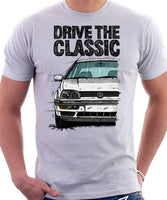 Drive The Classic VW Golf Mk3. T-shirt in White Color.