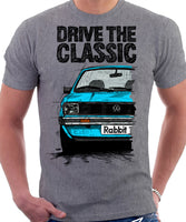 Drive The Classic VW Rabbit (Golf) Mk1 Early Model. T-shirt in Heather Grey Colour