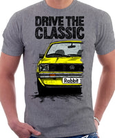 Drive The Classic VW Rabbit (Golf) Mk1 Early Model. T-shirt in Heather Grey Colour