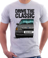 Drive The Classic Ford Escort Mk4 Ghia (Bumper Version 1). T-shirt in White Colour