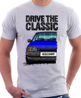 Drive The Classic Ford Escort Mk4 Ghia (Bumper Version 1). T-shirt in White Colour