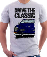 Drive The Classic VW Karmann Ghia Late Model. T-shirt in White Colour