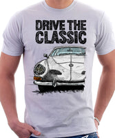 Drive The Classic VW Karmann Ghia Late Model. T-shirt in White Colour